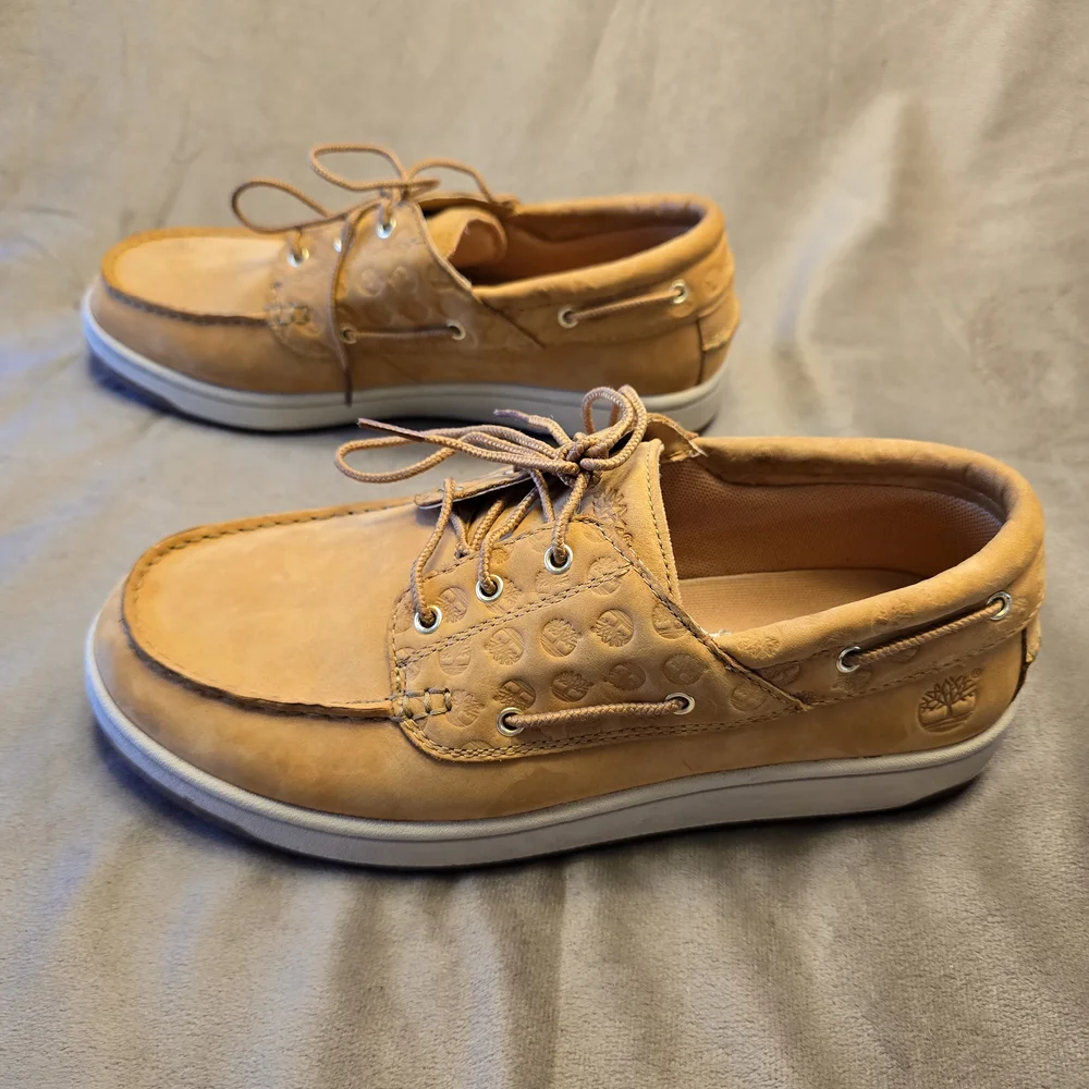 Timberland 45596 Tan Leather Boat Shoes Lace Up Comfort Rubber Sole Men's 8.5 M